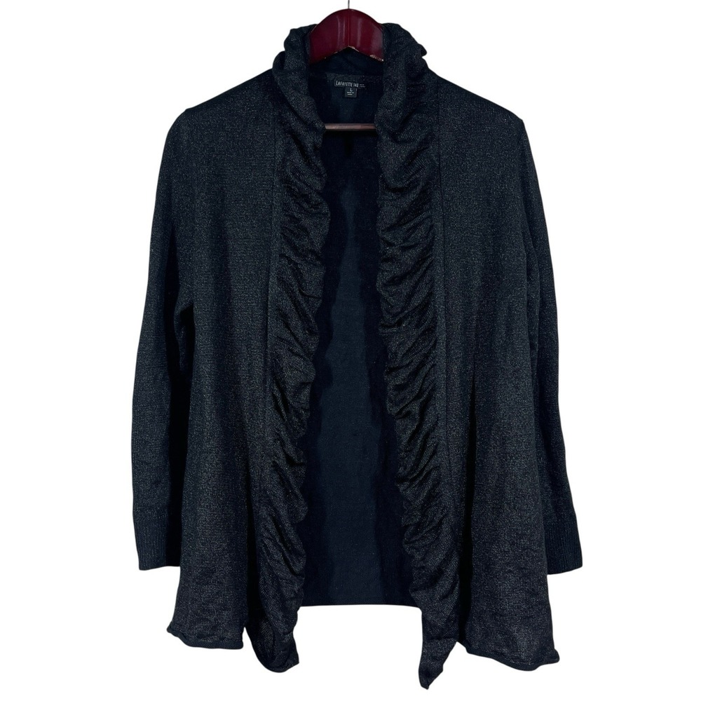 Lafayette 148 Linen Blend Knit Cardigan Sz L Black Sparkle Ruffle Lightweight‎